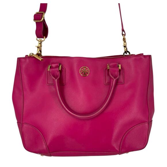 Tory Burch Robinson Saffiano Leather Double Zip Tote Crossbody Large Fuschia - Picture 2 of 16